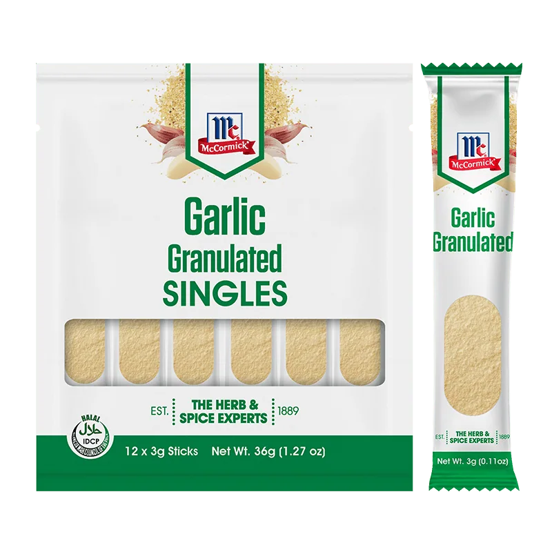 McCormick Garlic Granulated Singles stick and retail pack
